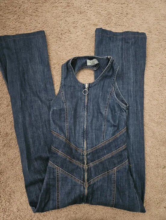 REVICE Indigo Blue Denim Flare Heart Jumpsuit - Picture 3 of 8